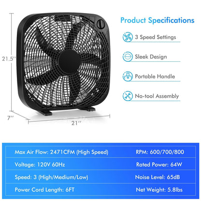 20 Inch Box Portable Floor Fan with 3 Speed Settings and Knob Control, Black Fans   at Gallery Canada