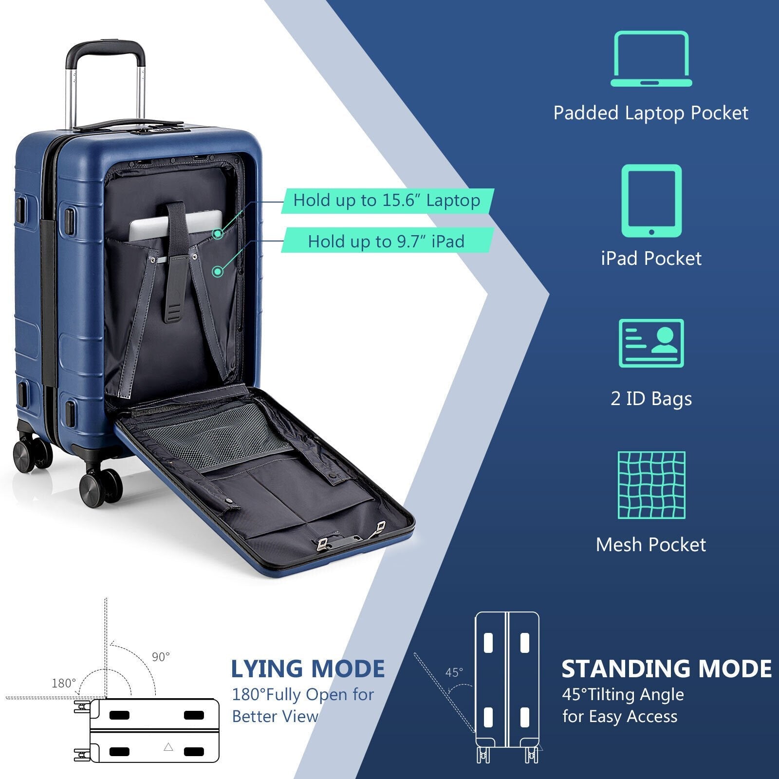 20 Inch Carry-on Luggage PC Hardside Suitcase TSA Lock with Front Pocket and USB Port, Navy Camping   at Gallery Canada