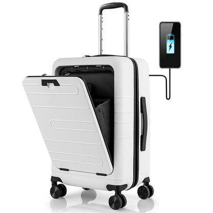 20 Inch Carry-on Luggage PC Hardside Suitcase TSA Lock with Front Pocket and USB Port, White Camping   at Gallery Canada