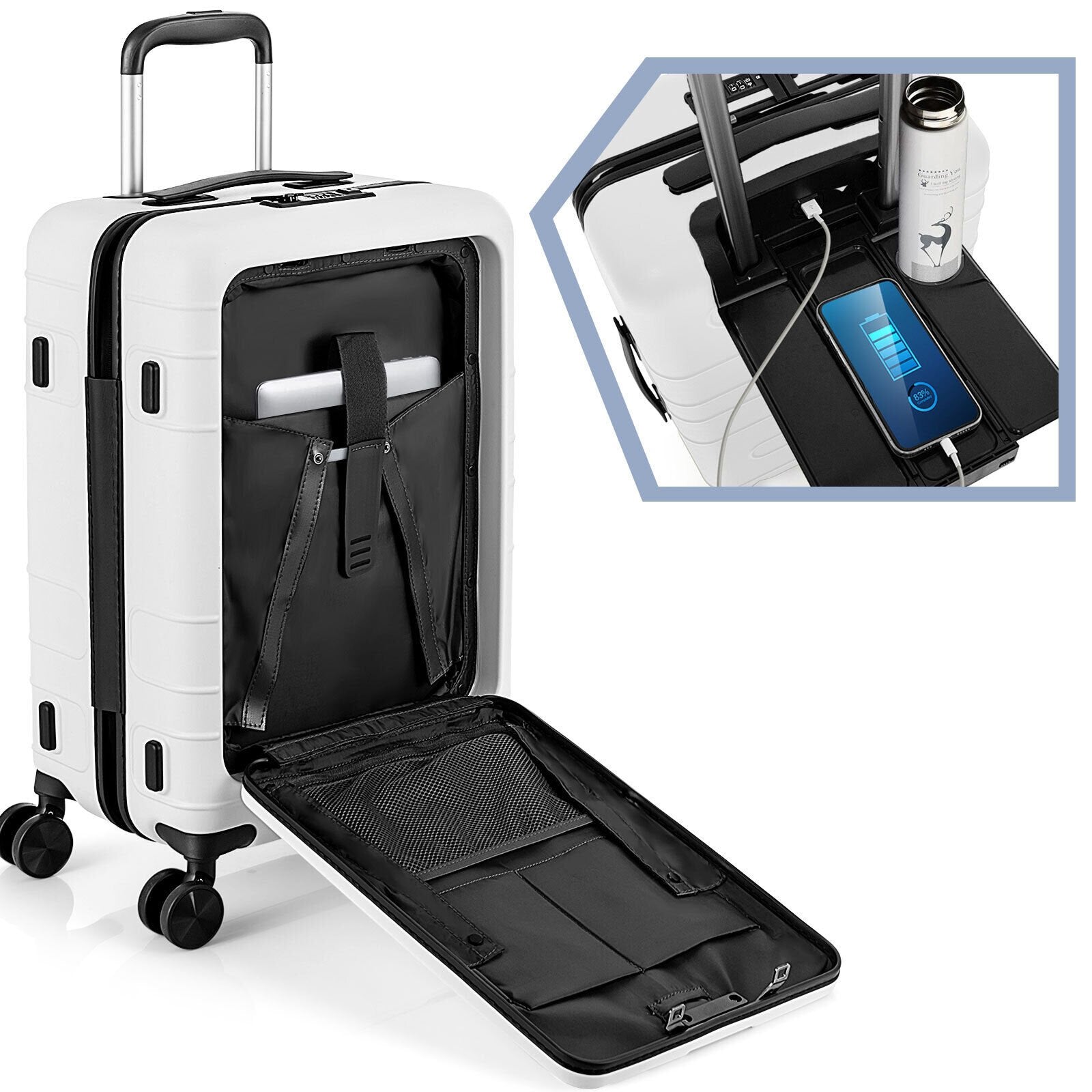 20 Inch Carry-on Luggage PC Hardside Suitcase TSA Lock with Front Pocket and USB Port, White Camping   at Gallery Canada