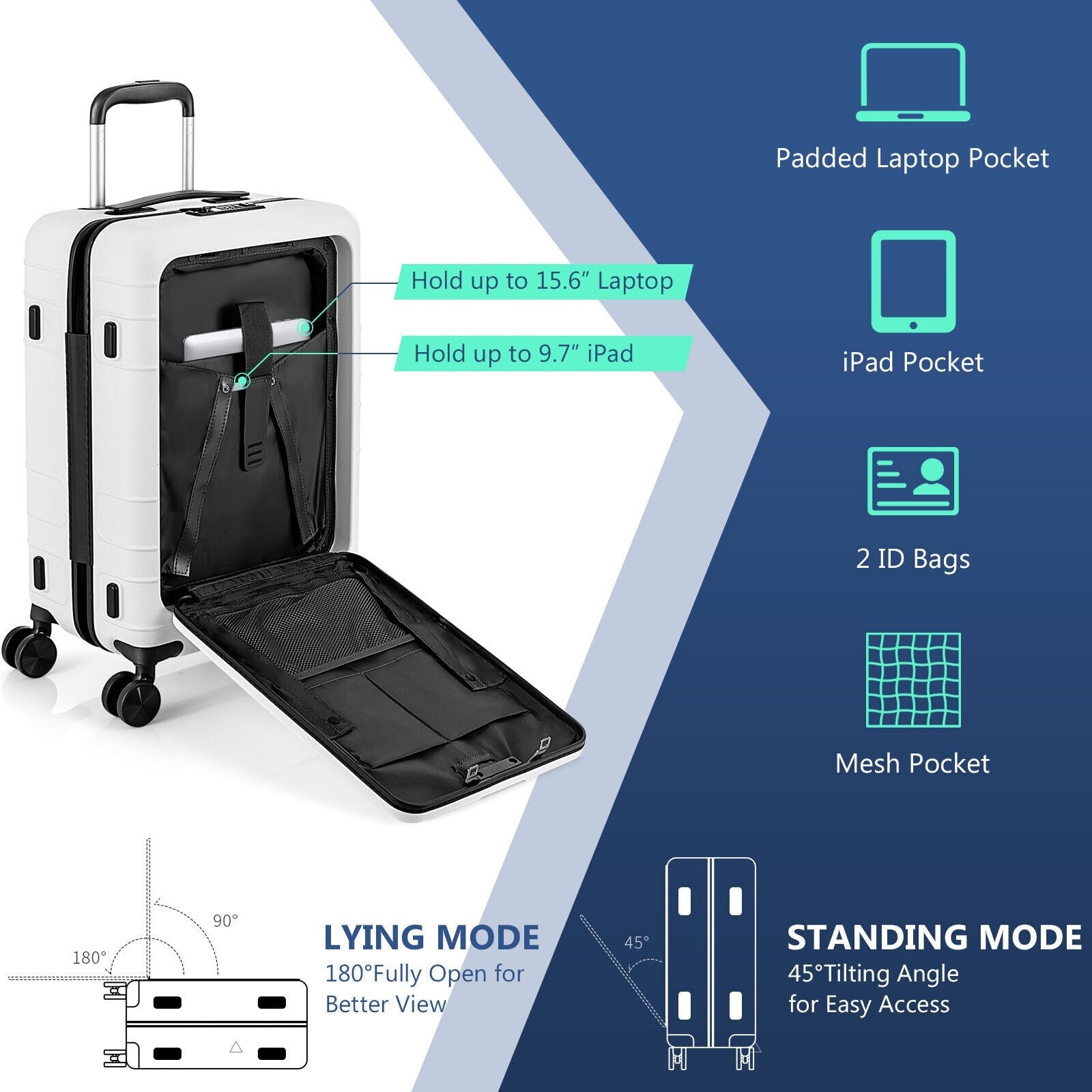 20 Inch Carry-on Luggage PC Hardside Suitcase TSA Lock with Front Pocket and USB Port, White Camping   at Gallery Canada