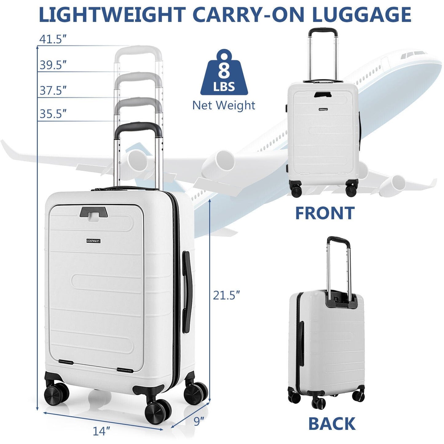 20 Inch Carry-on Luggage PC Hardside Suitcase TSA Lock with Front Pocket and USB Port, White Camping   at Gallery Canada