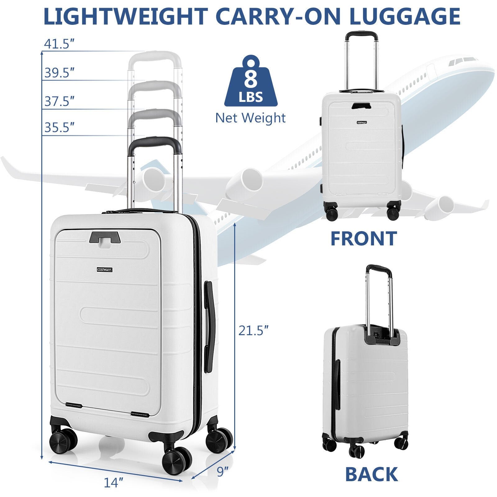 20 Inch Carry-on Luggage PC Hardside Suitcase TSA Lock with Front Pocket and USB Port, White Camping   at Gallery Canada