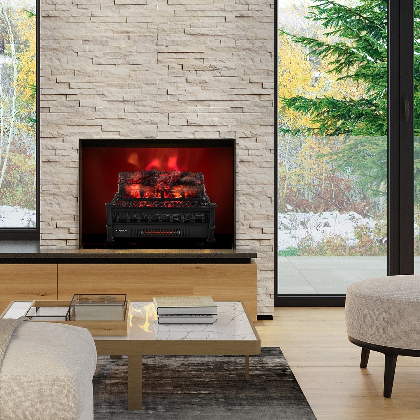 20 Inch Electric Fireplace Heater with Realistic Pinewood Ember Bed, Black Fireplaces   at Gallery Canada