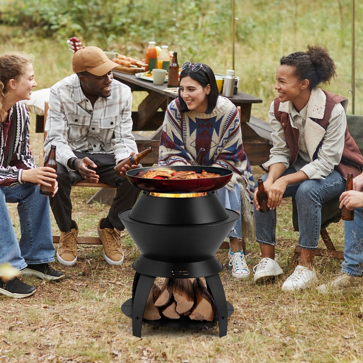 20 Inch Patio Fire Pit Metal Camping Fire Bowl with Pot Holder and Storage Shelf, Black Fire Pits   at Gallery Canada