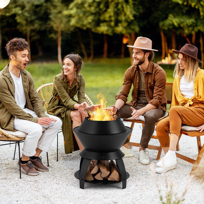 20 Inch Patio Fire Pit Metal Camping Fire Bowl with Pot Holder and Storage Shelf, Black Fire Pits   at Gallery Canada