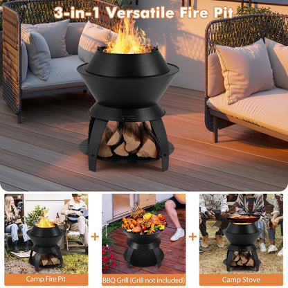 20 Inch Patio Fire Pit Metal Camping Fire Bowl with Pot Holder and Storage Shelf, Black Fire Pits   at Gallery Canada