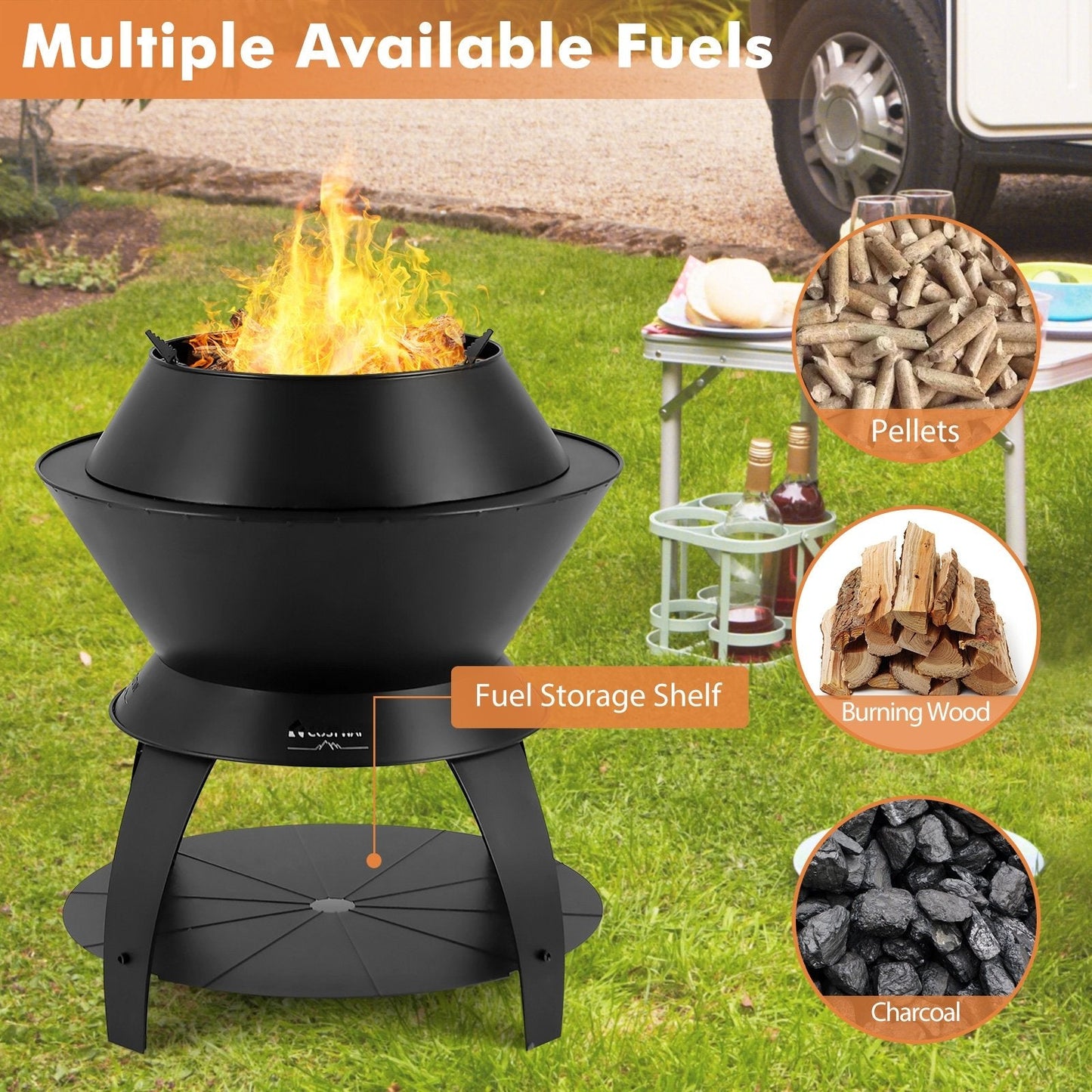 20 Inch Patio Fire Pit Metal Camping Fire Bowl with Pot Holder and Storage Shelf, Black Fire Pits   at Gallery Canada