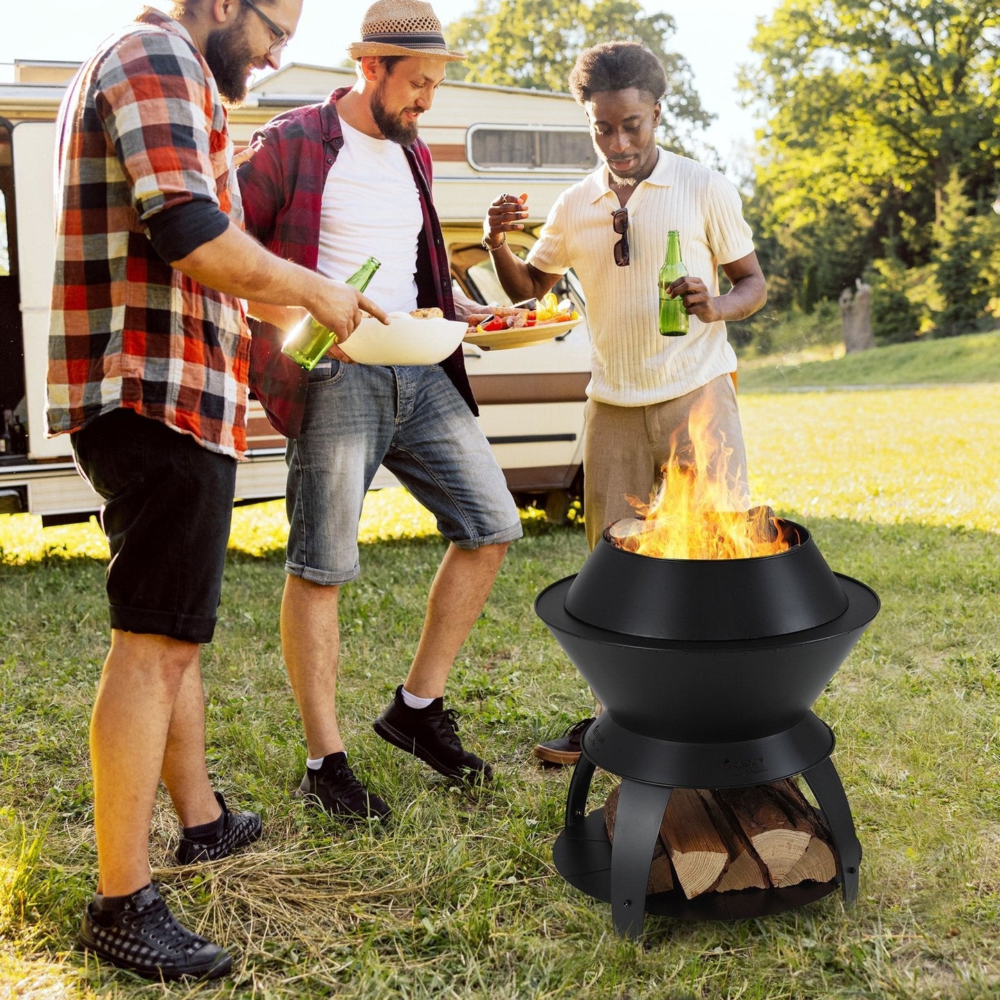 20 Inch Patio Fire Pit Metal Camping Fire Bowl with Pot Holder and Storage Shelf, Black Fire Pits   at Gallery Canada