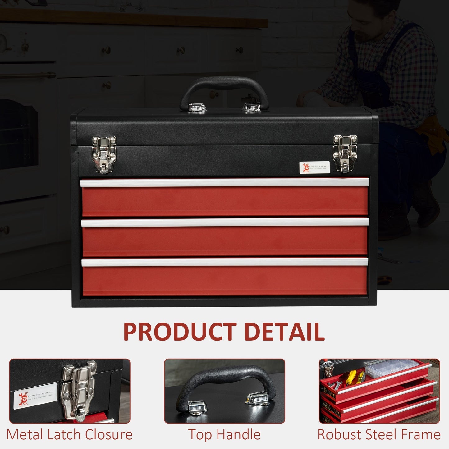 20" Portable Metal Tool Box with Metal Latch Closure, 3 Drawer Tool Chest with Ball-bearing Slider for Garage, Household and Warehouse, Red Tool Organizers   at Gallery Canada