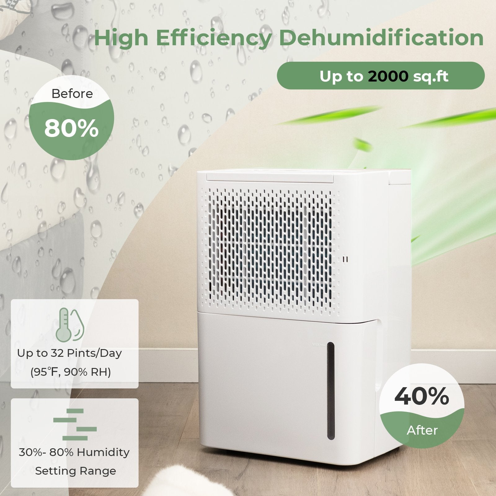 2000 Sq. Ft 32 Pint Dehumidifier with Continuous/Drying/Auto Mode, White Dehumidifiers   at Gallery Canada