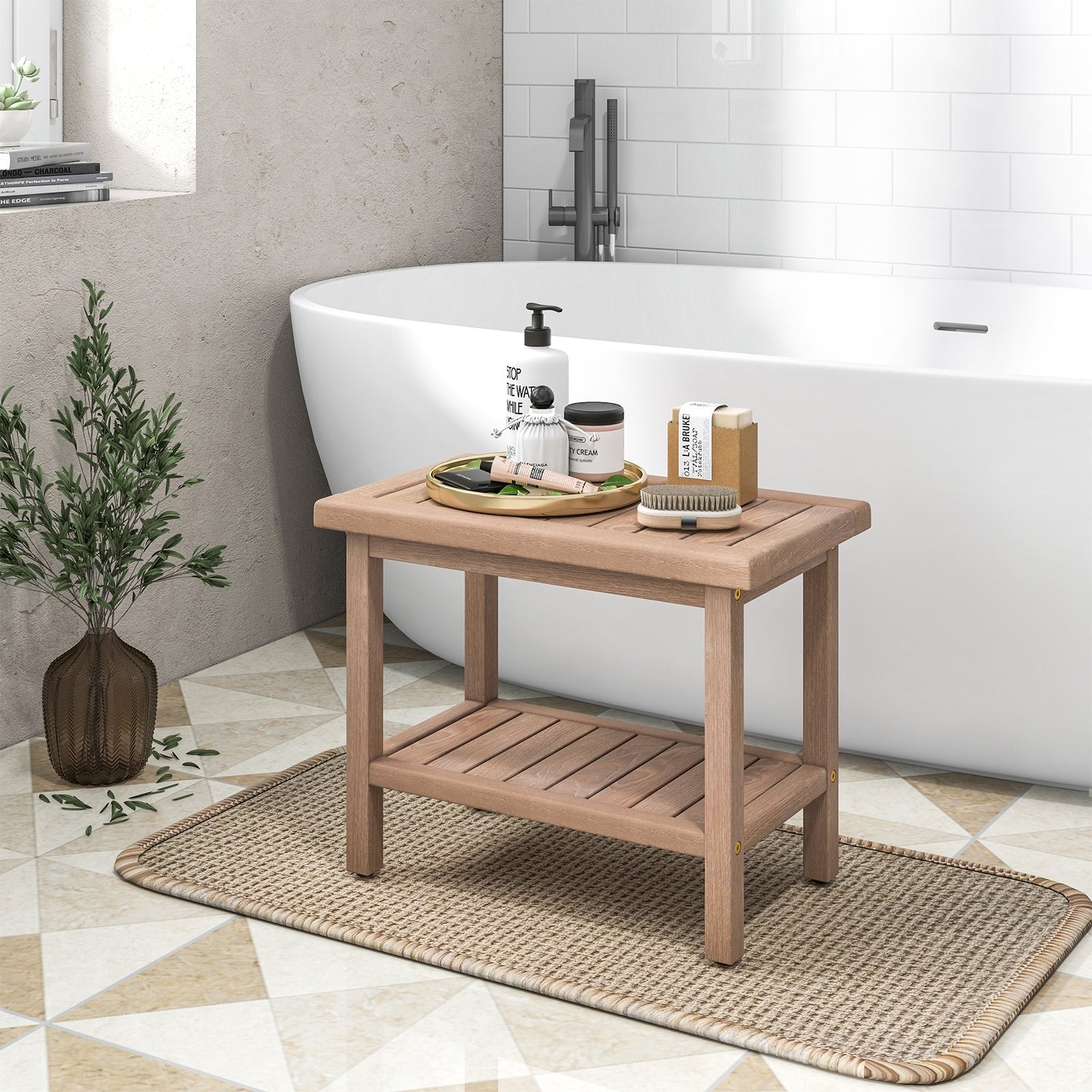 21 Inches Teak Shower Bench with Storage Shelf, Natural Bath Safety   at Gallery Canada