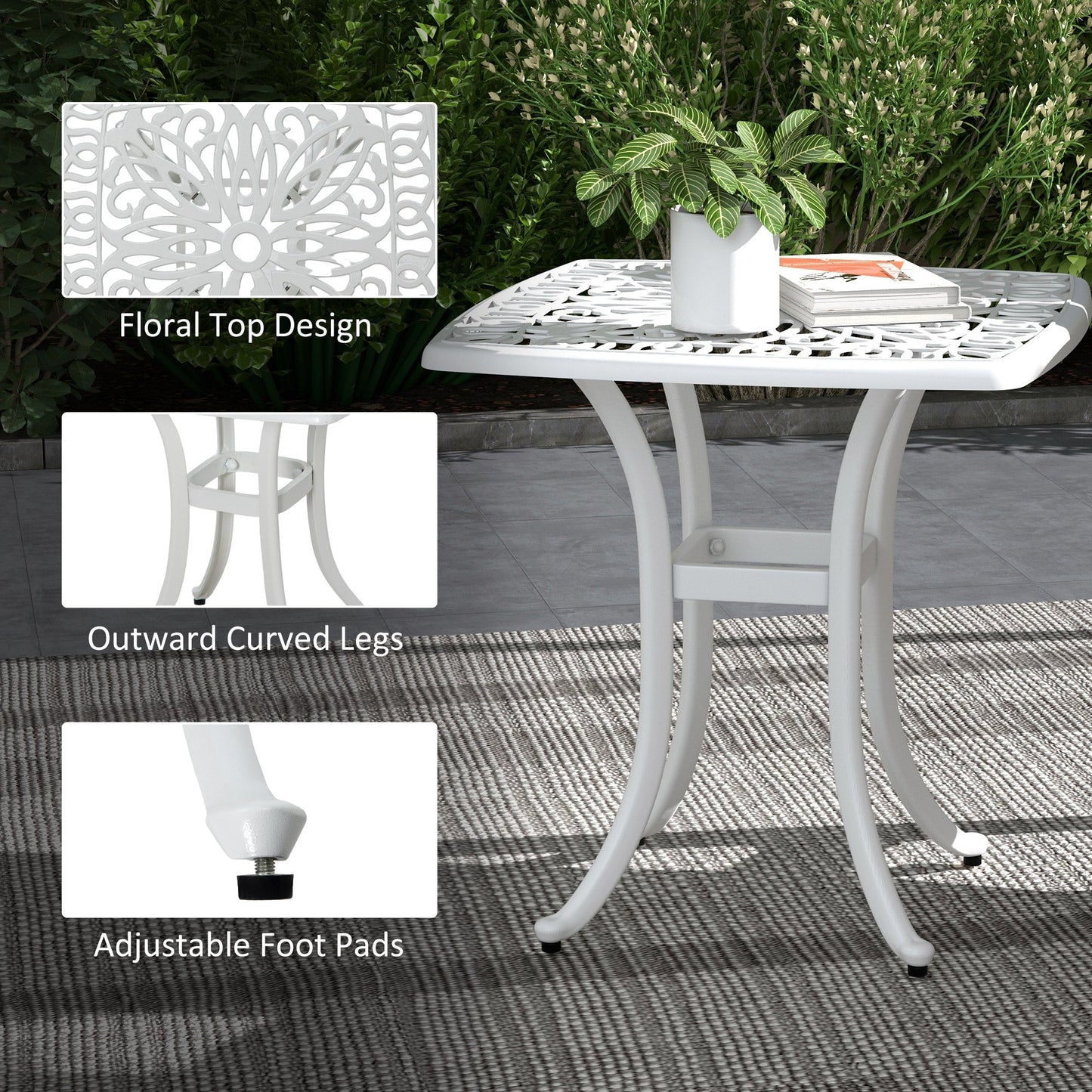 21" Square Outdoor End Table, Cast Aluminum Patio Side Table with Umbrella Hole for Garden, Balcony, Poolside, White Patio Side Tables   at Gallery Canada