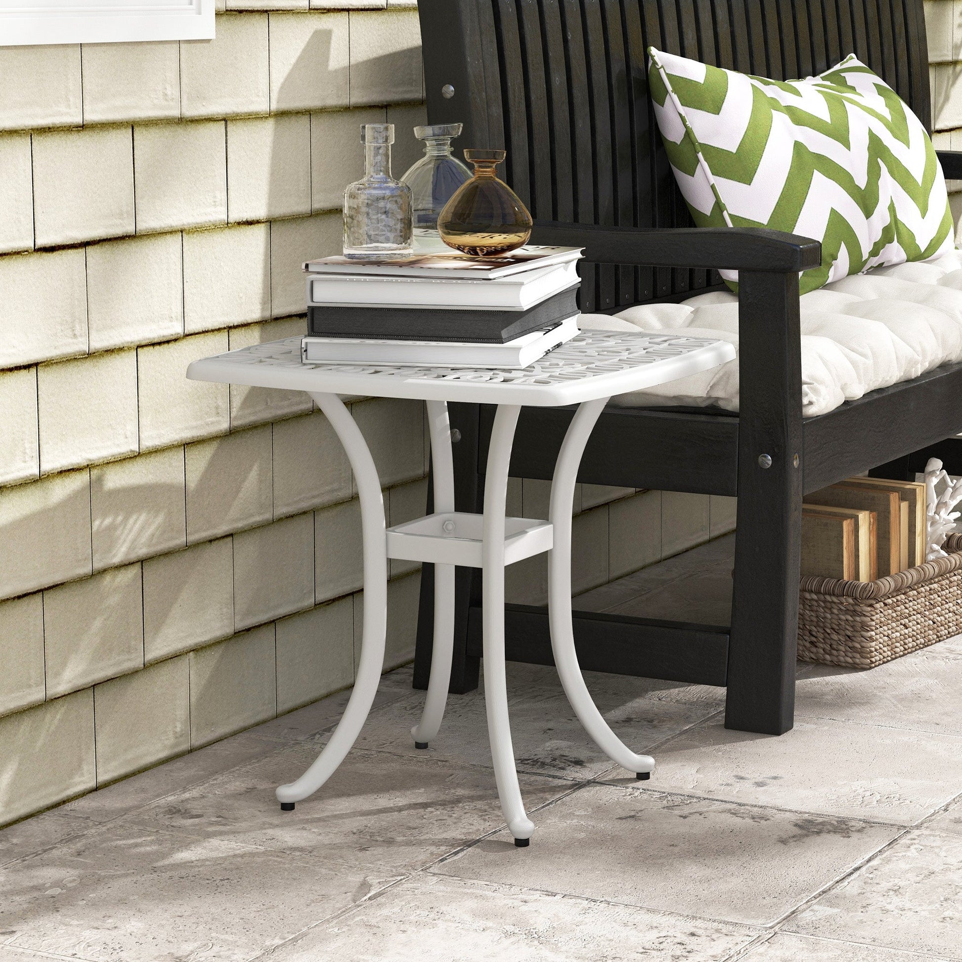 21" Square Outdoor End Table, Cast Aluminum Patio Side Table with Umbrella Hole for Garden, Balcony, Poolside, White Patio Side Tables   at Gallery Canada