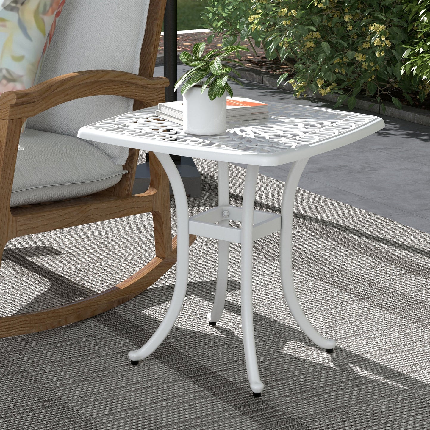 21" Square Outdoor End Table, Cast Aluminum Patio Side Table with Umbrella Hole for Garden, Balcony, Poolside, White Patio Side Tables   at Gallery Canada