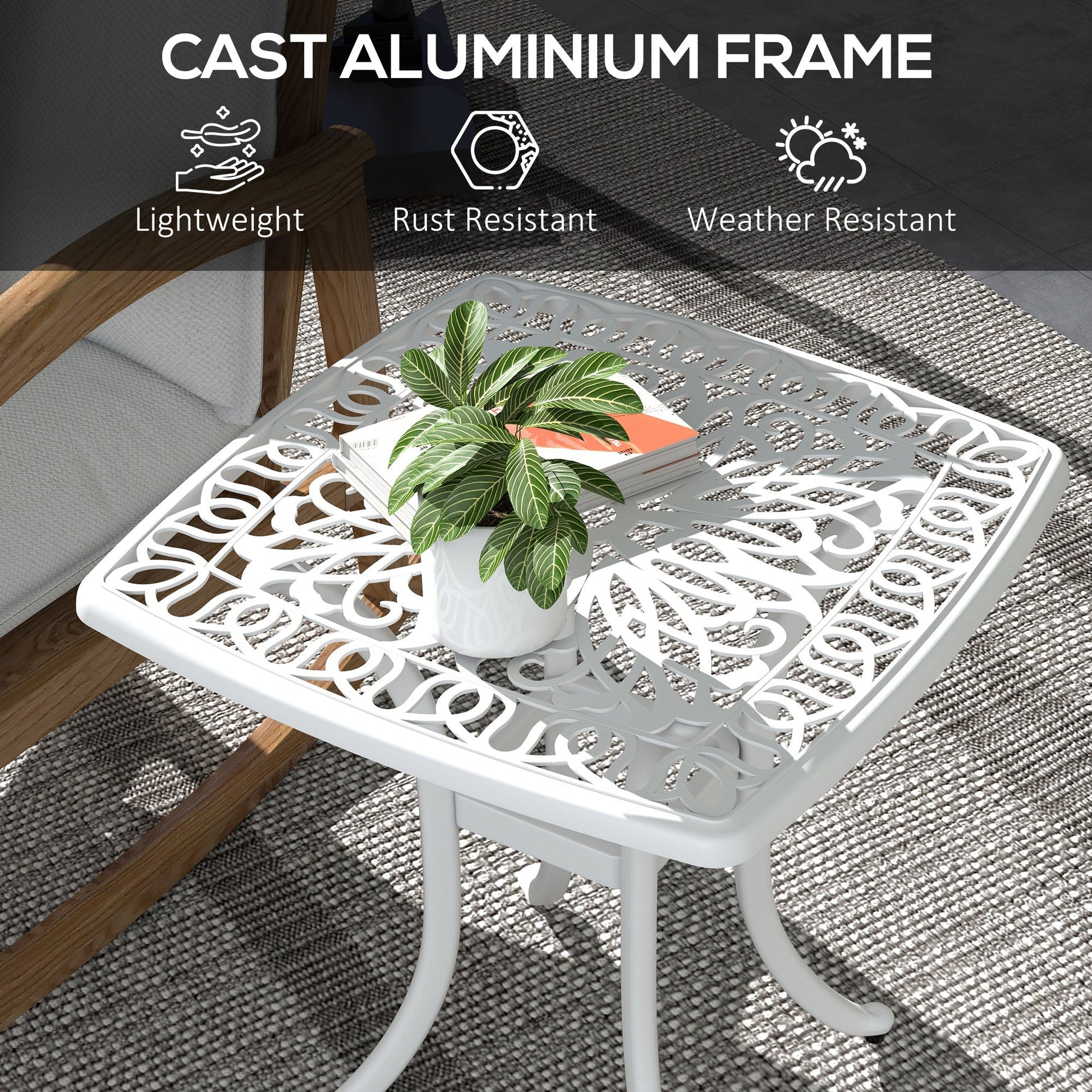 21" Square Outdoor End Table, Cast Aluminum Patio Side Table with Umbrella Hole for Garden, Balcony, Poolside, White Patio Side Tables   at Gallery Canada