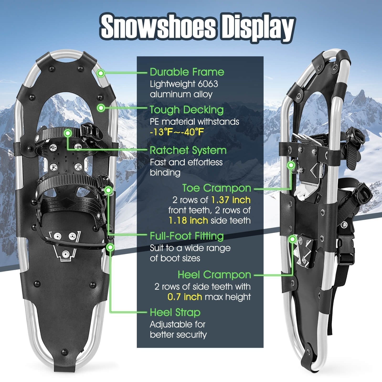 21/25/30 Inch 4-in-1 Lightweight Terrain Snowshoes with Flexible Pivot System-21 inches, Silver Winter Sports & Activities   at Gallery Canada