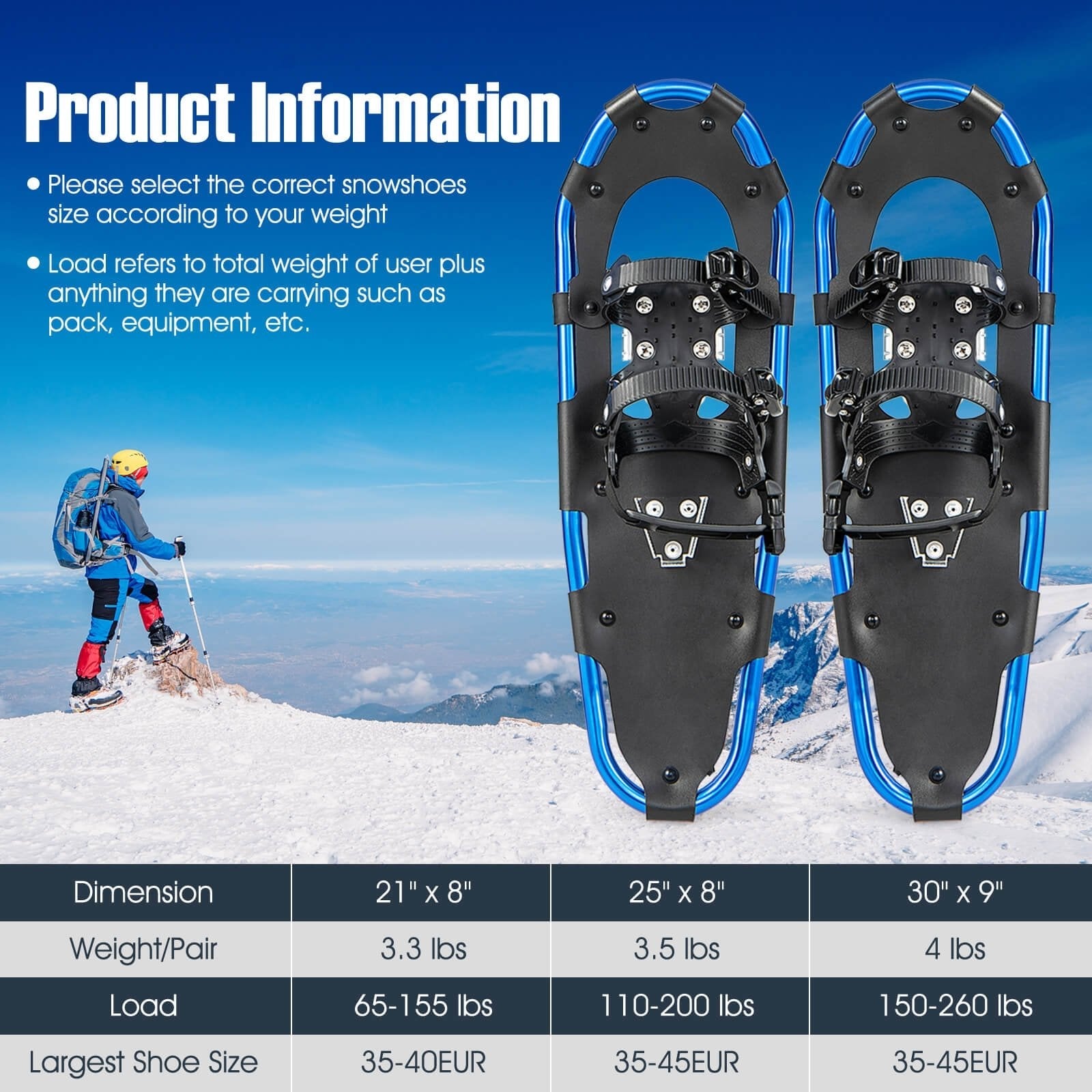 21/25/30 Inch Lightweight Terrain Snowshoes with Flexible Pivot System-21 inches, Navy Winter Sports & Activities   at Gallery Canada