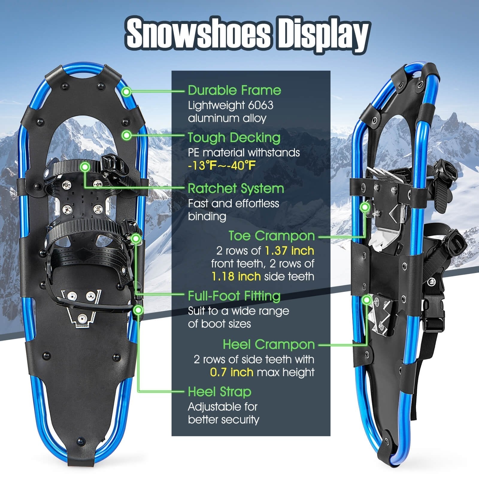 21/25/30 Inch Lightweight Terrain Snowshoes with Flexible Pivot System-30 inches, Blue Winter Sports & Activities   at Gallery Canada