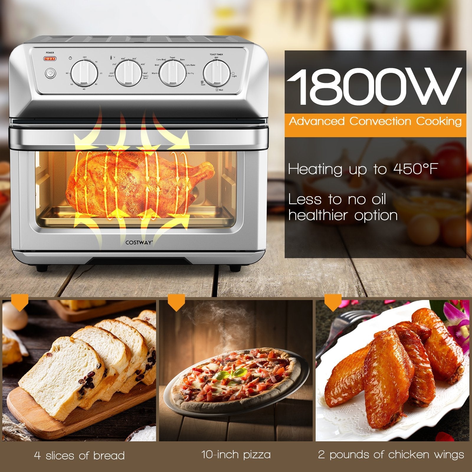 21.5 Quart 1800W Air Fryer Toaster Countertop Convection Oven with Recipe, Silver Toaster Ovens   at Gallery Canada