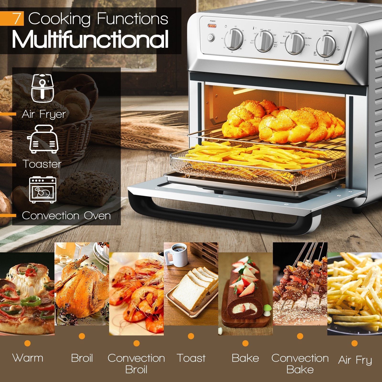 21.5 Quart 1800W Air Fryer Toaster Countertop Convection Oven with Recipe, Silver Toaster Ovens   at Gallery Canada