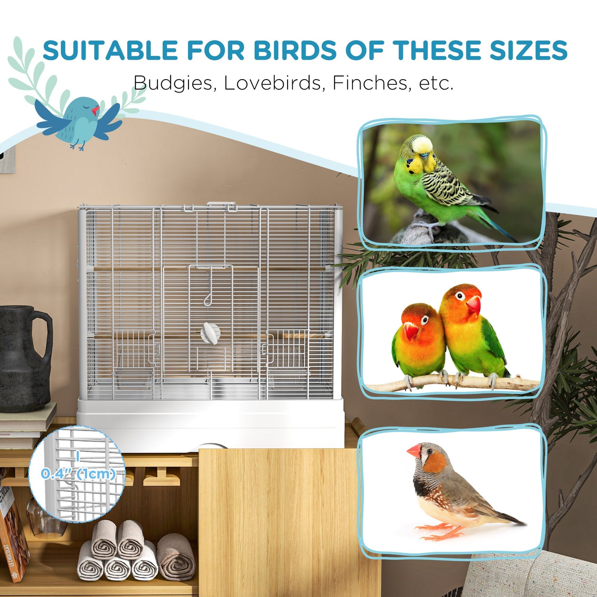 22" Bird Cage for Budgie Finches Canaries Love Birds with Wooden Stands, Slide-Out Tray, Handles, Food Containers, White Bird Cages   at Gallery Canada