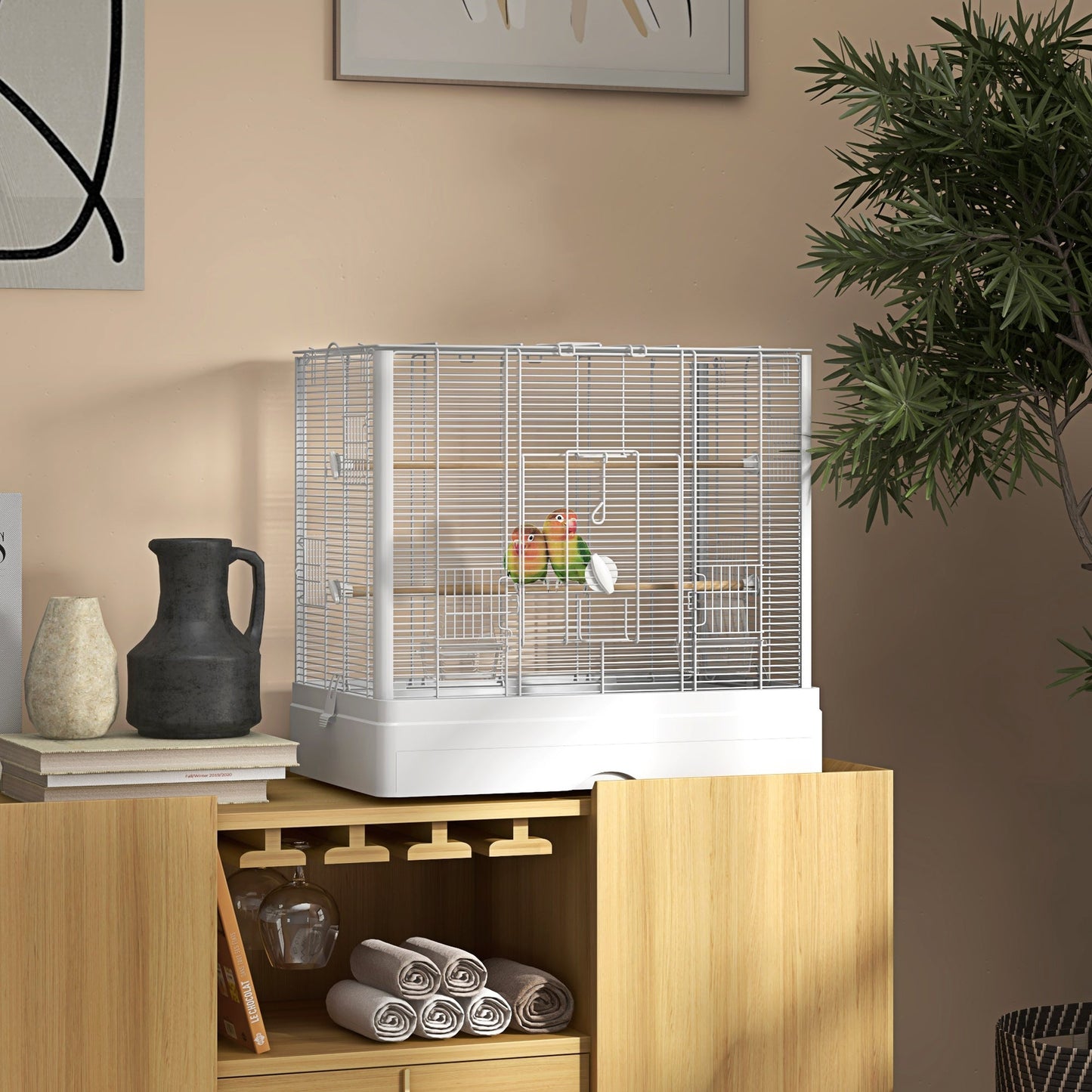 22" Bird Cage for Budgie Finches Canaries Love Birds with Wooden Stands, Slide-Out Tray, Handles, Food Containers, White Bird Cages   at Gallery Canada