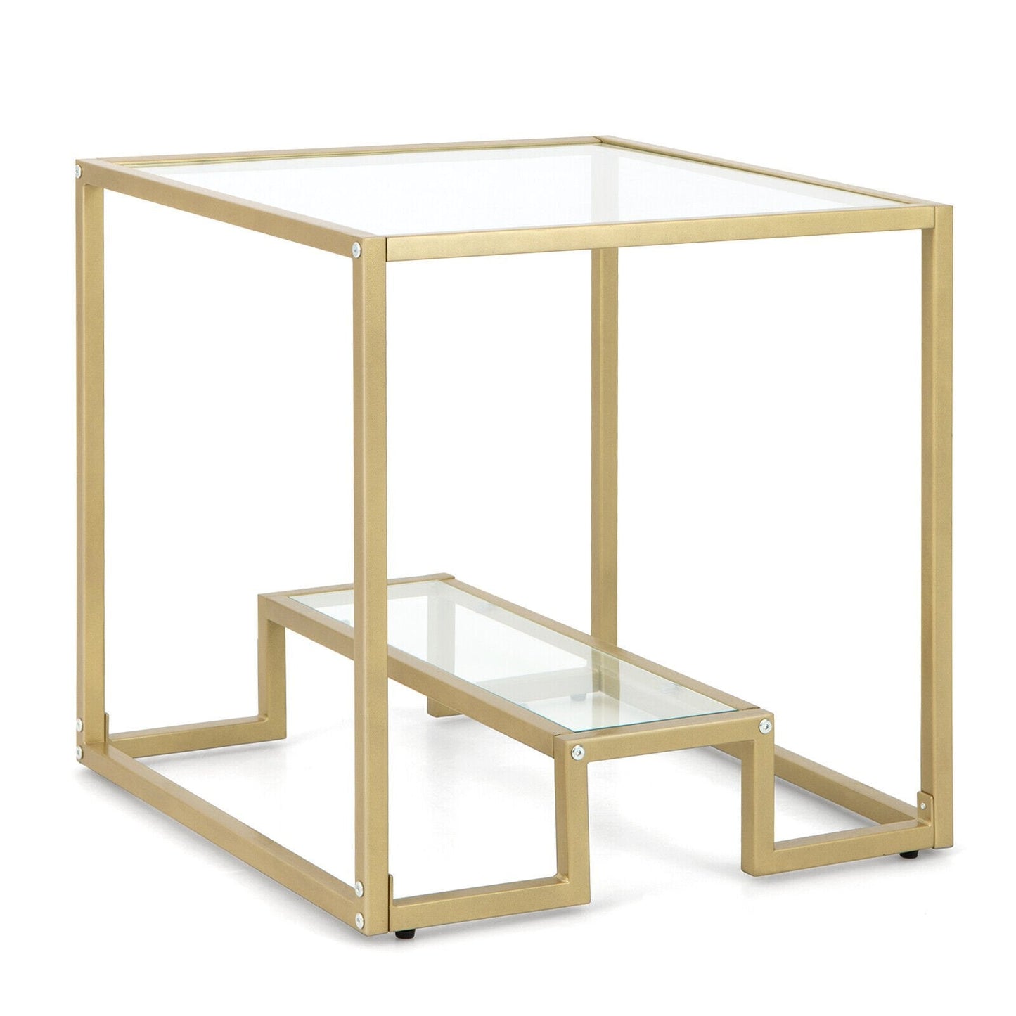 22 Inch 2-Tier Square Sofa Side Table with Tempered Glass Tabletop, Bronze End & Side Tables   at Gallery Canada