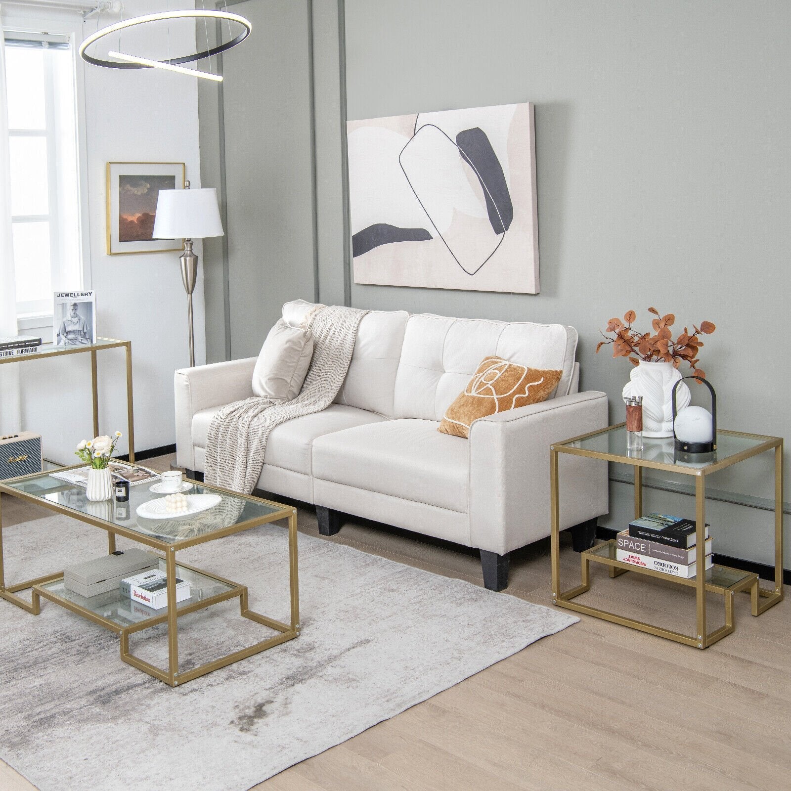 22 Inch 2-Tier Square Sofa Side Table with Tempered Glass Tabletop, Bronze End & Side Tables   at Gallery Canada