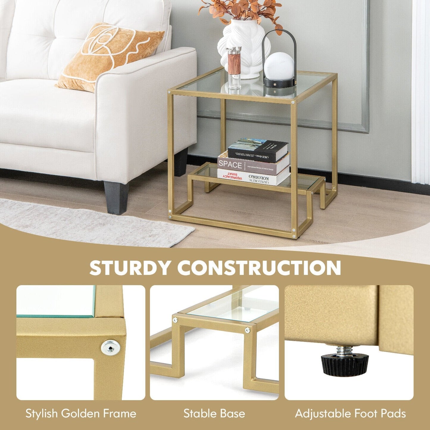 22 Inch 2-Tier Square Sofa Side Table with Tempered Glass Tabletop, Bronze End & Side Tables   at Gallery Canada