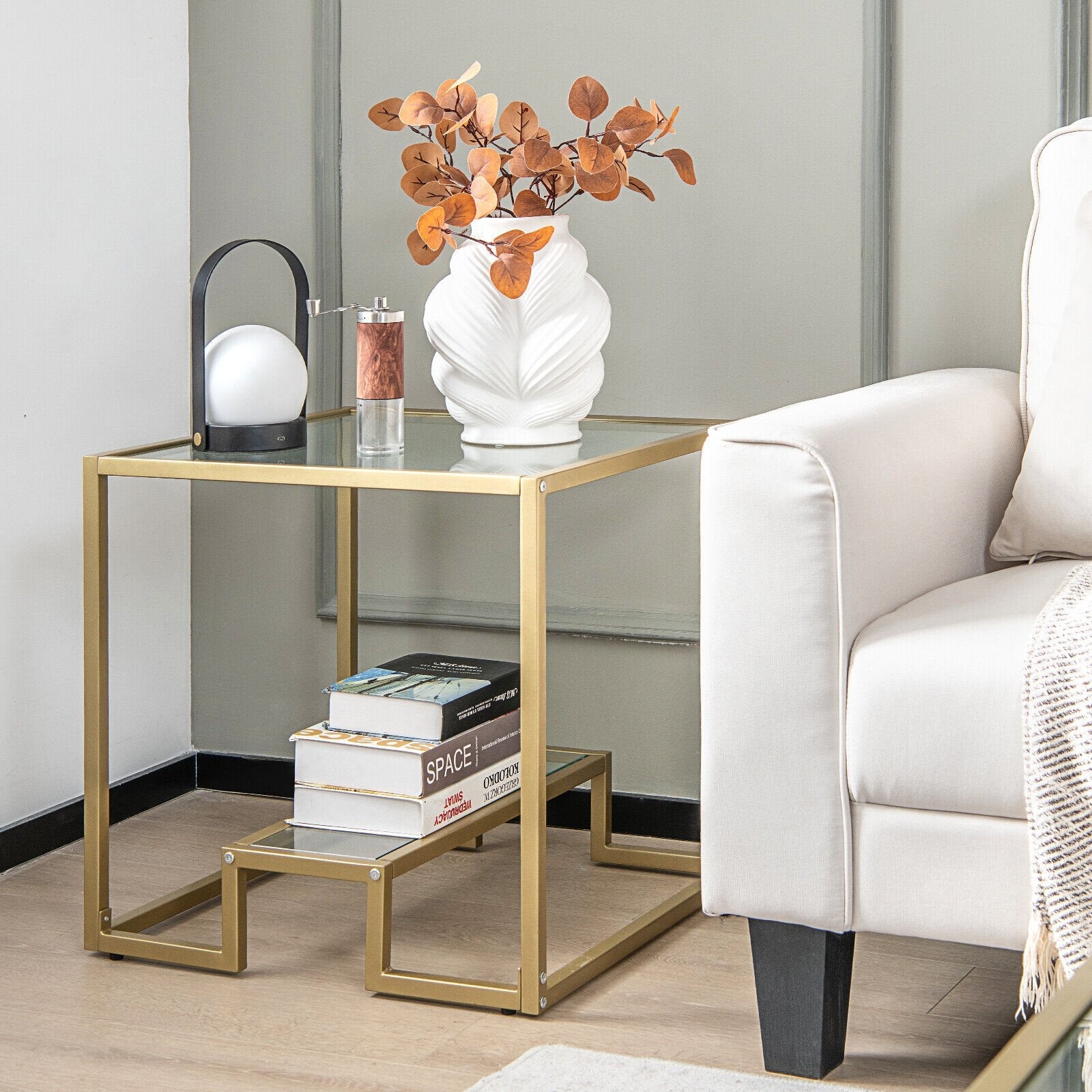 22 Inch 2-Tier Square Sofa Side Table with Tempered Glass Tabletop, Bronze End & Side Tables   at Gallery Canada