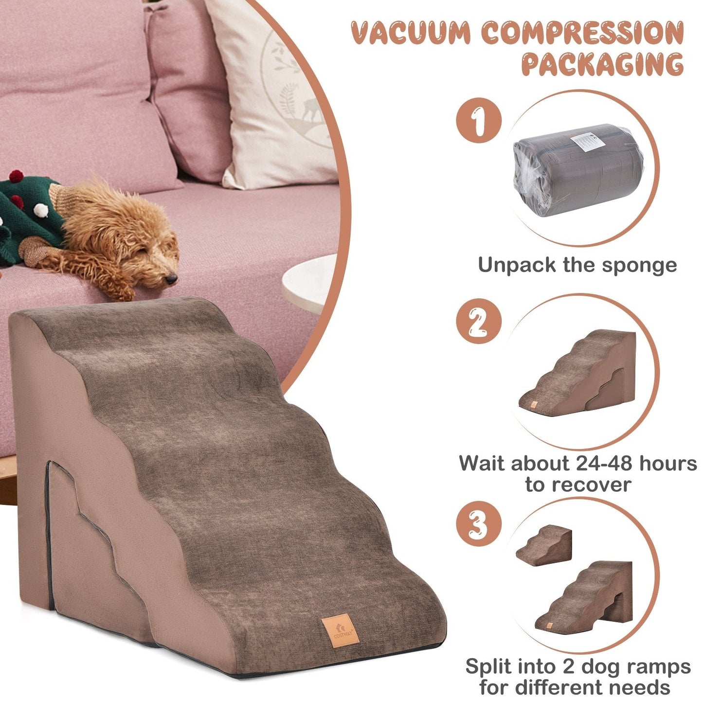 22 Inches and 11 Inches Foam Pet Stairs Set with 5-Tier and 3-Tier Dog Ramps, Brown Dog Supplies   at Gallery Canada