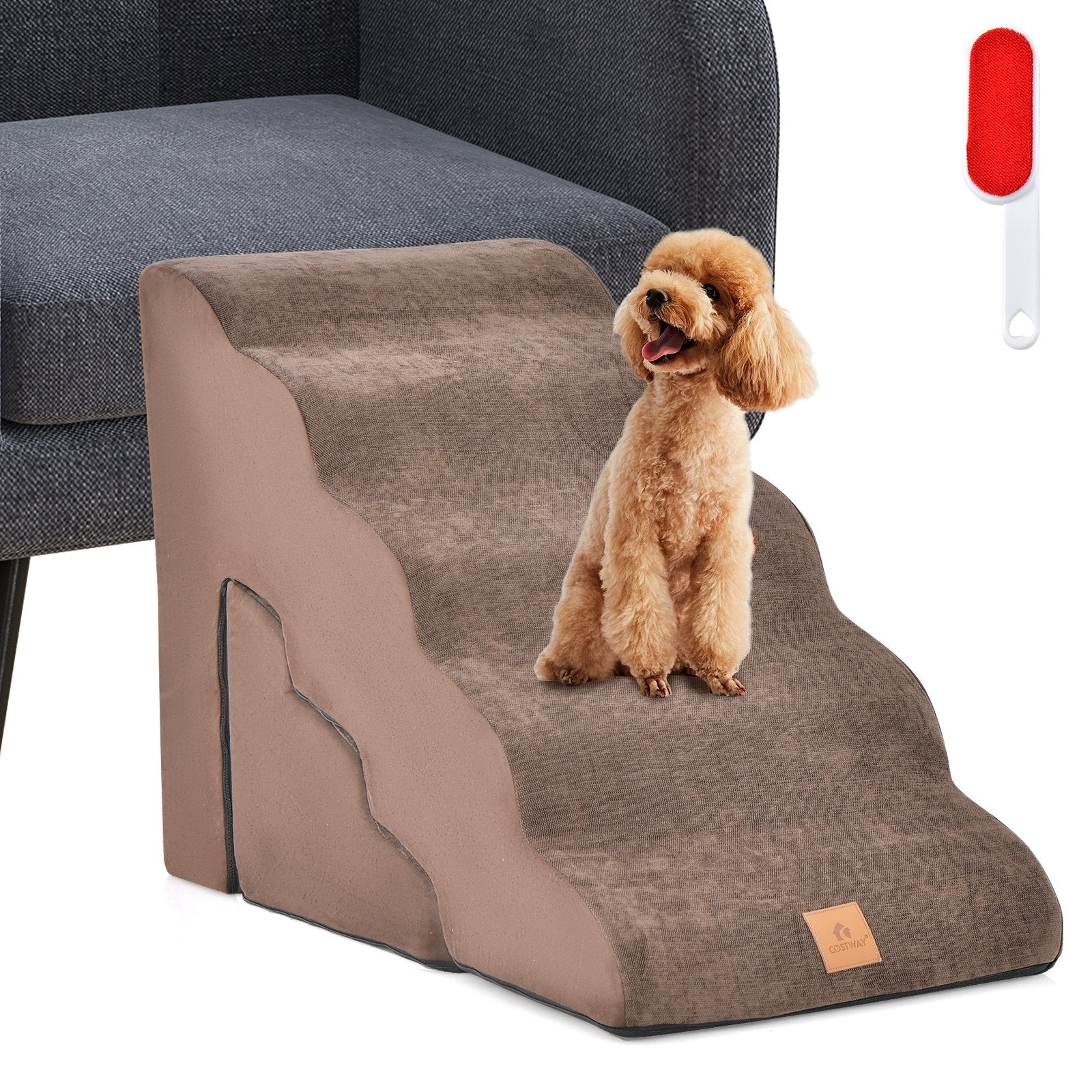 22 Inches and 11 Inches Foam Pet Stairs Set with 5-Tier and 3-Tier Dog Ramps, Brown Dog Supplies   at Gallery Canada