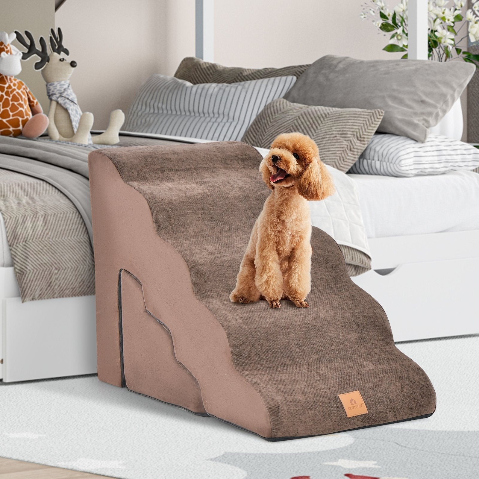 22 Inches and 11 Inches Foam Pet Stairs Set with 5-Tier and 3-Tier Dog Ramps, Brown Dog Supplies   at Gallery Canada