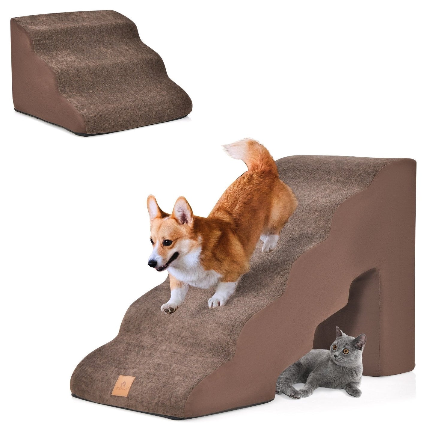 22 Inches and 11 Inches Foam Pet Stairs Set with 5-Tier and 3-Tier Dog Ramps, Brown Dog Supplies   at Gallery Canada