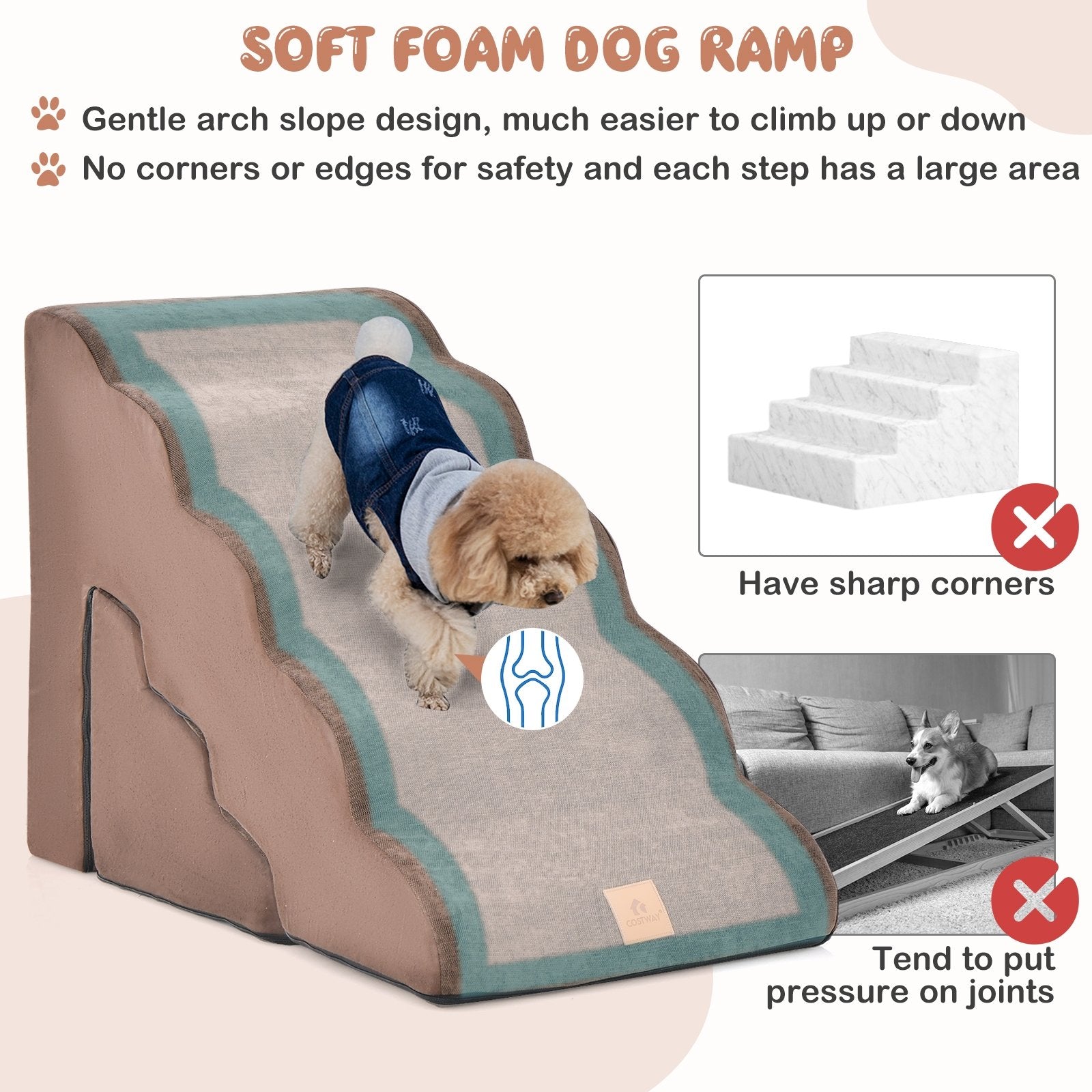 22 Inches and 11 Inches Foam Pet Stairs Set with 5-Tier and 3-Tier Dog Ramps, Brown Dog Supplies   at Gallery Canada