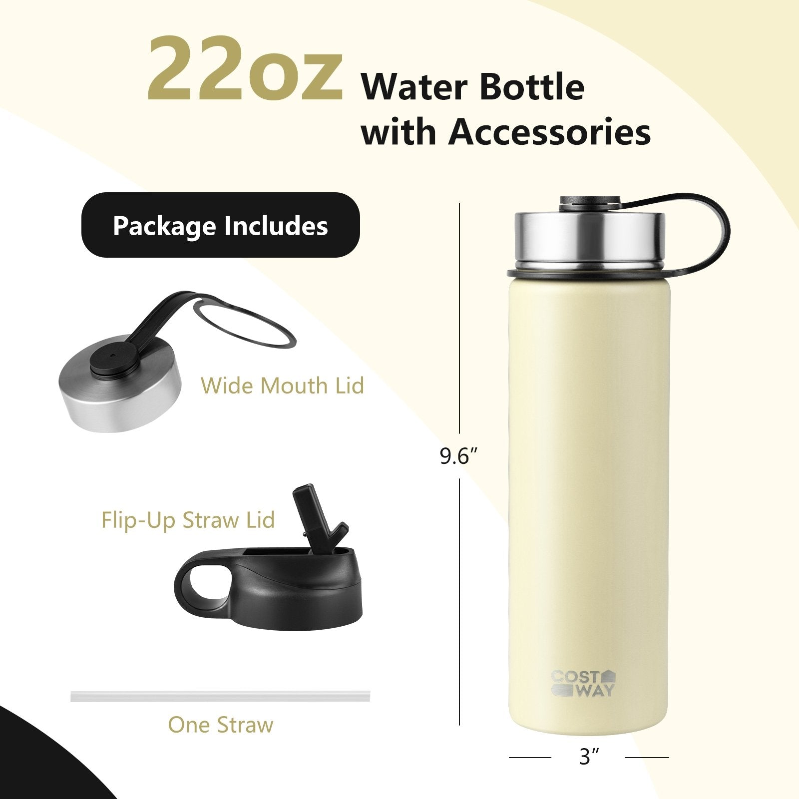 22 Oz Double-walled Insulated Stainless Steel Water Bottle with 2 Lids and Straw, Beige Kitchen Utensils   at Gallery Canada