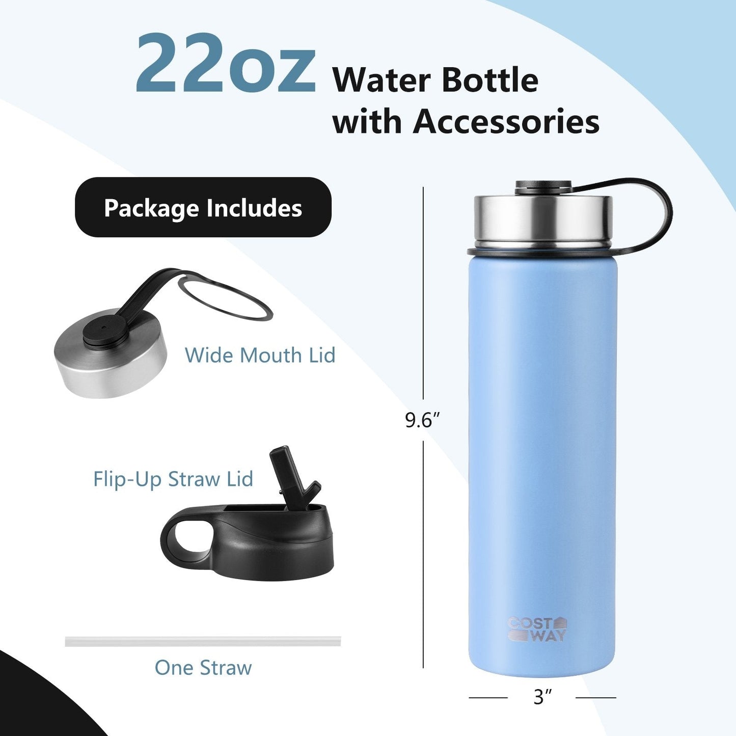 22 Oz Double-walled Insulated Stainless Steel Water Bottle with 2 Lids and Straw, Blue Kitchen Utensils   at Gallery Canada