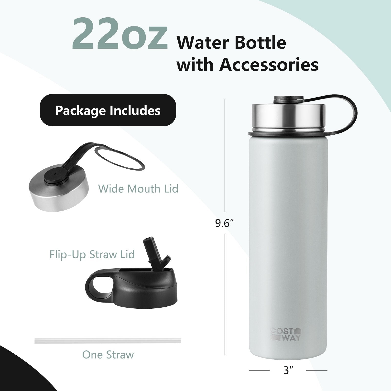 22 Oz Double-walled Insulated Stainless Steel Water Bottle with 2 Lids and Straw, Gray Kitchen Utensils   at Gallery Canada