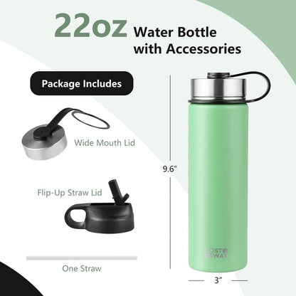 22 Oz Double-walled Insulated Stainless Steel Water Bottle with 2 Lids and Straw, Green Kitchen Utensils   at Gallery Canada