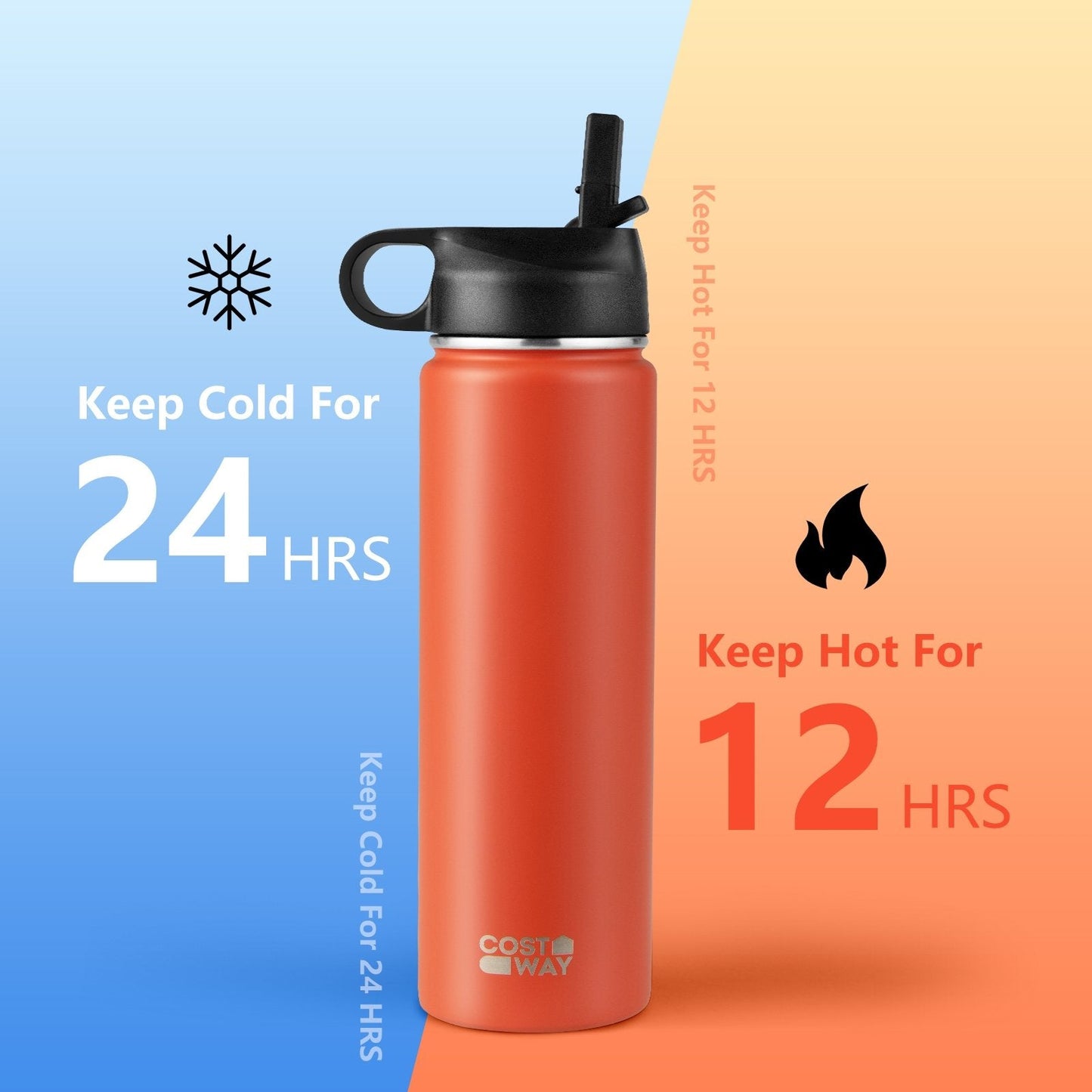 22 Oz Double-walled Insulated Stainless Steel Water Bottle with 2 Lids and Straw, Orange Kitchen Utensils   at Gallery Canada