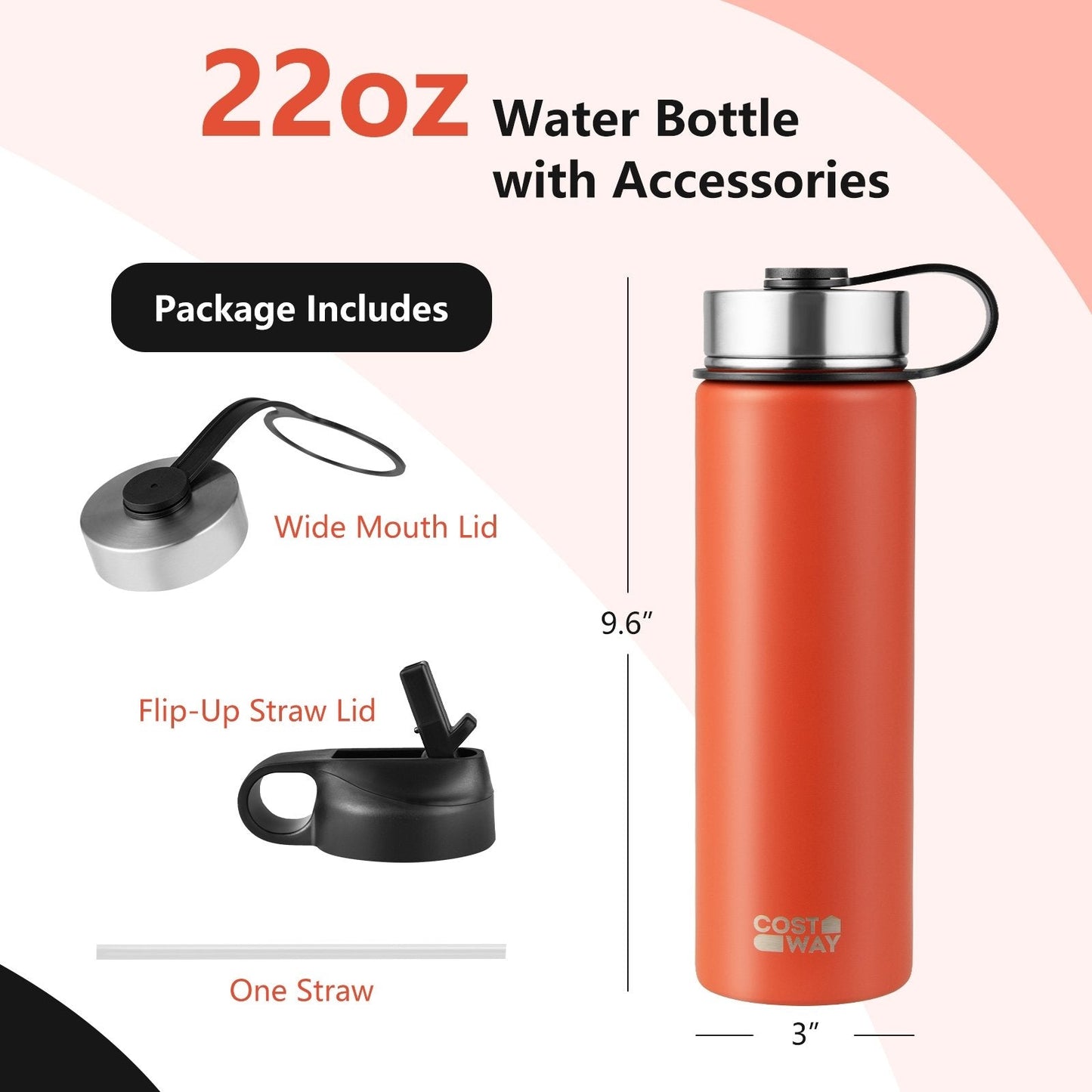 22 Oz Double-walled Insulated Stainless Steel Water Bottle with 2 Lids and Straw, Orange Kitchen Utensils   at Gallery Canada