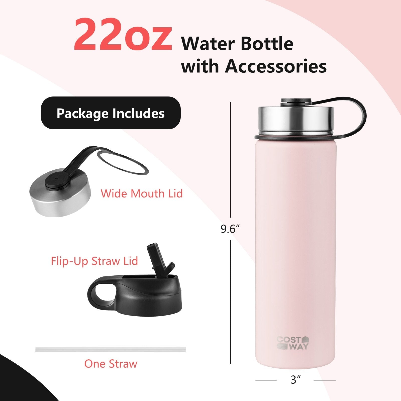 22 Oz Double-walled Insulated Stainless Steel Water Bottle with 2 Lids and Straw, Pink Kitchen Utensils   at Gallery Canada