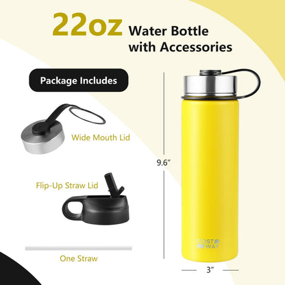 22 Oz Double-walled Insulated Stainless Steel Water Bottle with 2 Lids and Straw, Yellow Kitchen Utensils   at Gallery Canada