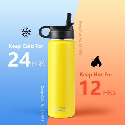 22 Oz Double-walled Insulated Stainless Steel Water Bottle with 2 Lids and Straw, Yellow Kitchen Utensils   at Gallery Canada