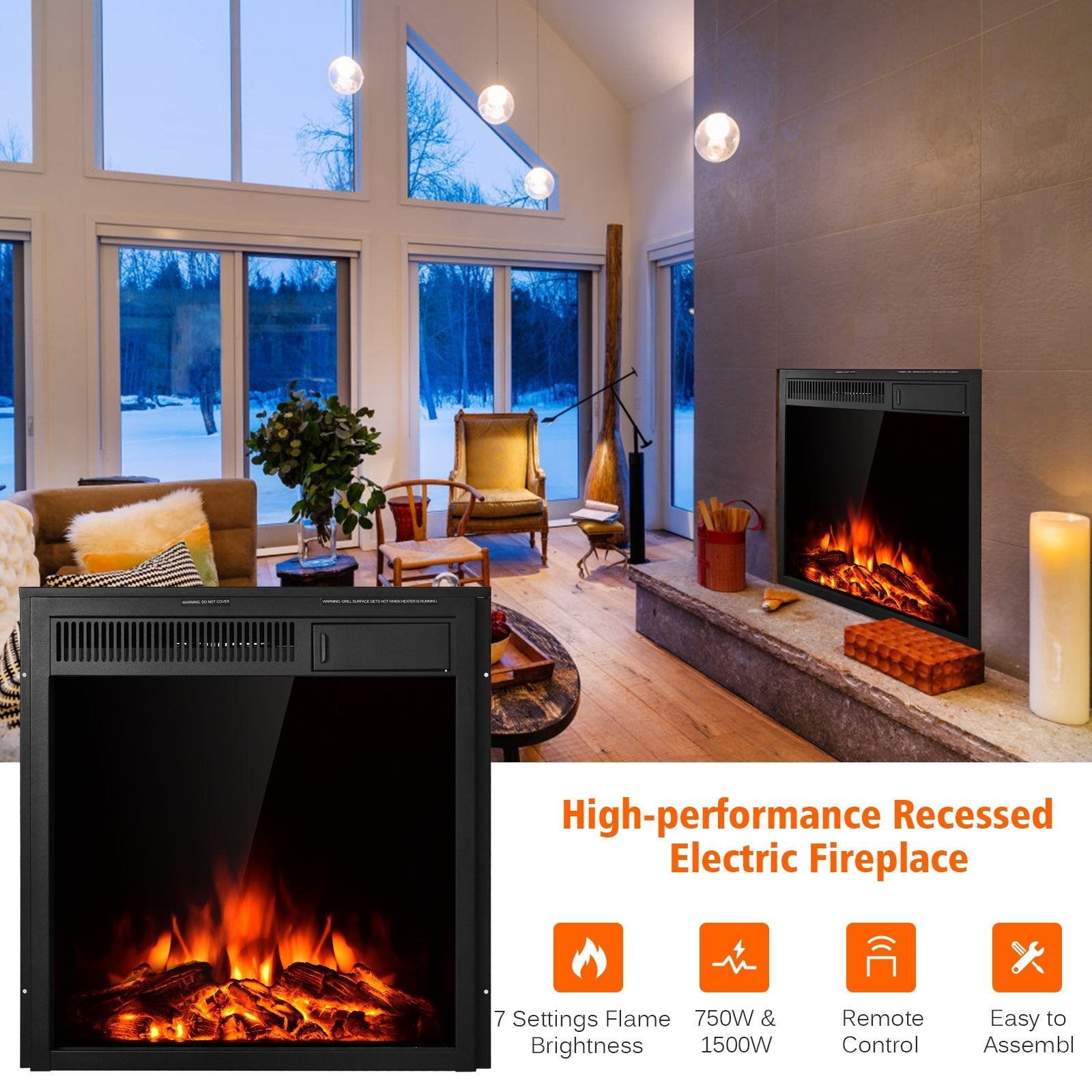 22.5 Inch Electric Fireplace Insert Freestanding and Recessed Heater, Black Fireplaces   at Gallery Canada