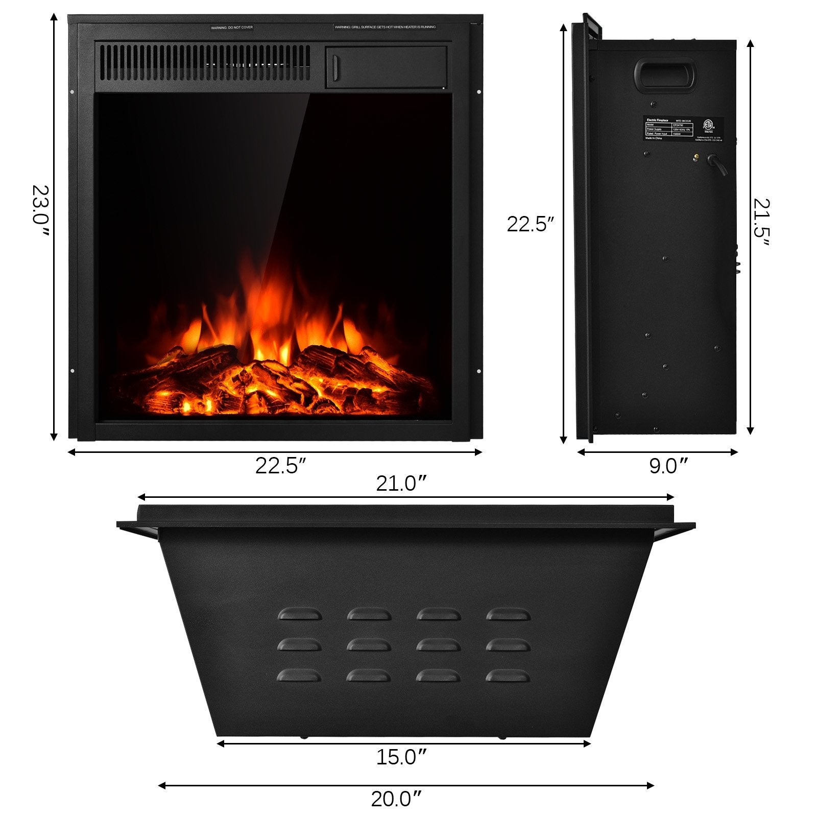 22.5 Inch Electric Fireplace Insert Freestanding and Recessed Heater, Black Fireplaces   at Gallery Canada