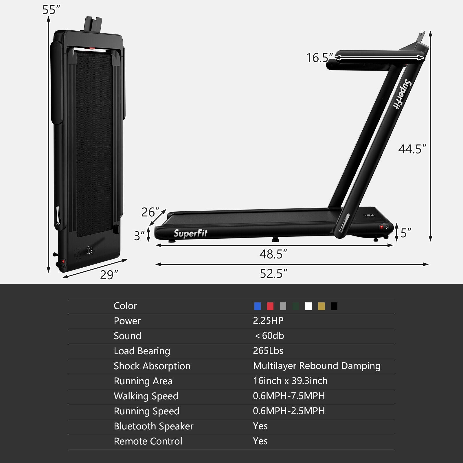 2.25HP 2 in 1 Folding Treadmill with APP Speaker Remote Control, Black Treadmills   at Gallery Canada