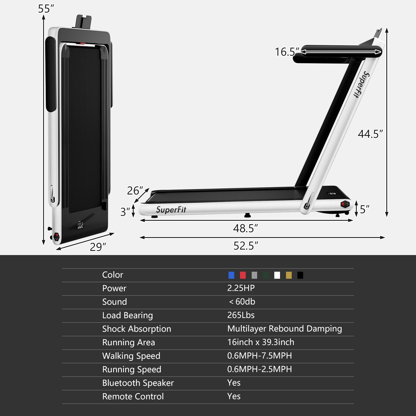 2.25HP 2 in 1 Folding Treadmill with APP Speaker Remote Control, White Treadmills   at Gallery Canada