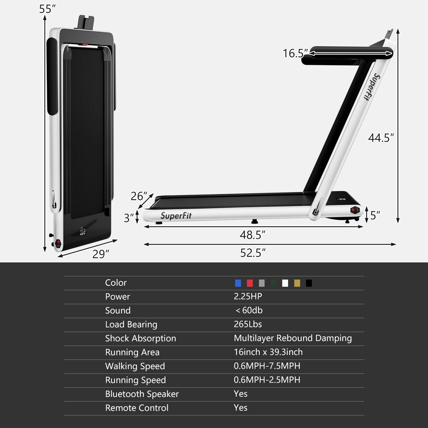 2.25HP 2 in 1 Folding Treadmill with APP Speaker Remote Control, White Treadmills   at Gallery Canada